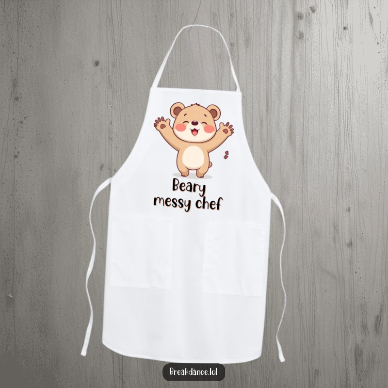 Funny bear cub windmill apron, a cartoon cub performing a windmill, ready to add humor to any cooking task.