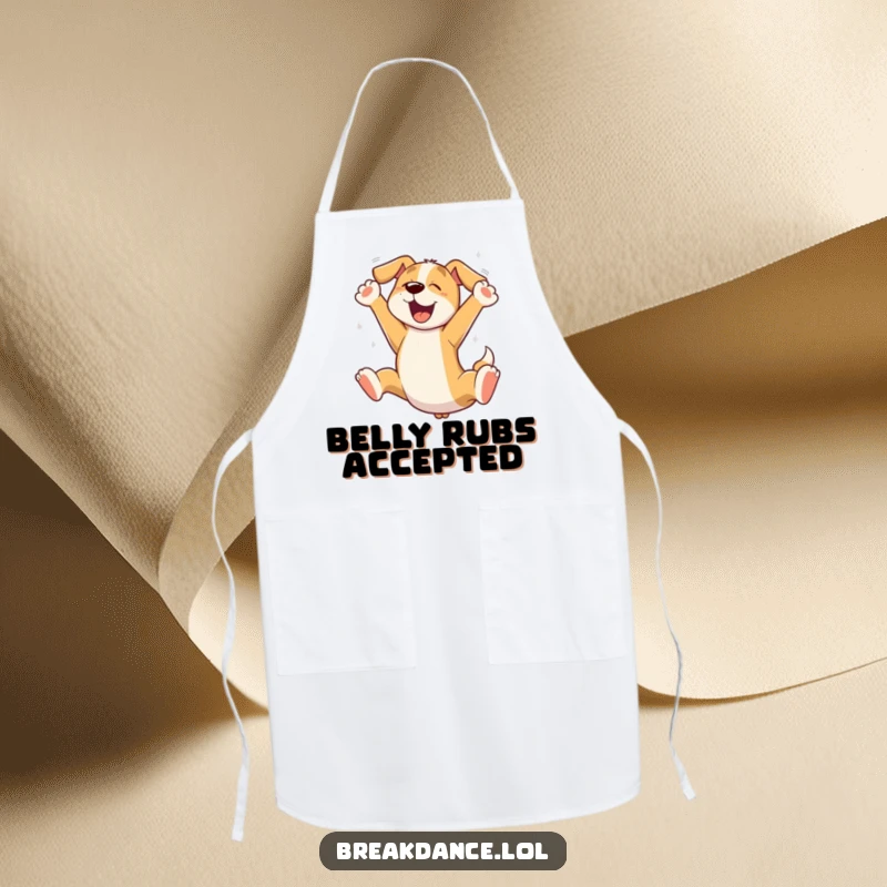 Funny dog leaping apron, a cartoon dog in full leap while cooking, paws ready, adding humor to the kitchen.