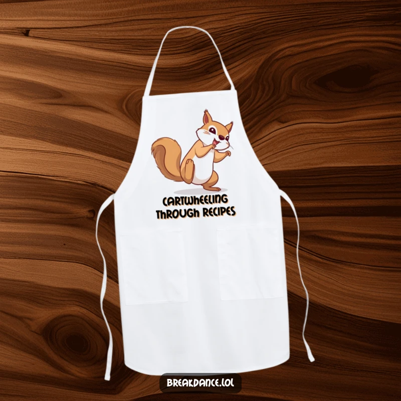 Funny apron with a determined squirrel doing a cartwheel, ready to add hilarious energy and acrobatic flair to any cooking task.