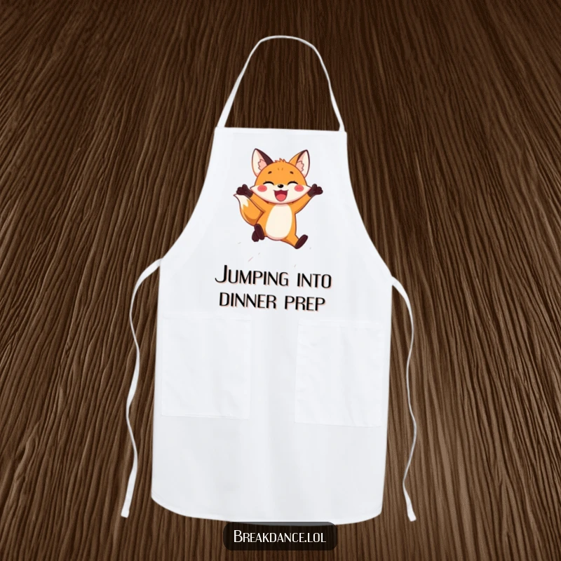 Funny apron with a joyful fox leaping through the air, ready to add hilarious energy and playful flair to any cooking task.