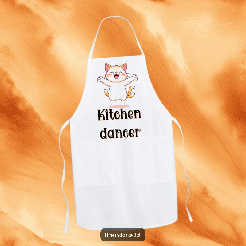 Funny apron featuring a cheerful cat leaping and spinning with arms outstretched, perfect for kitchen tasks and adding a humorous touch.