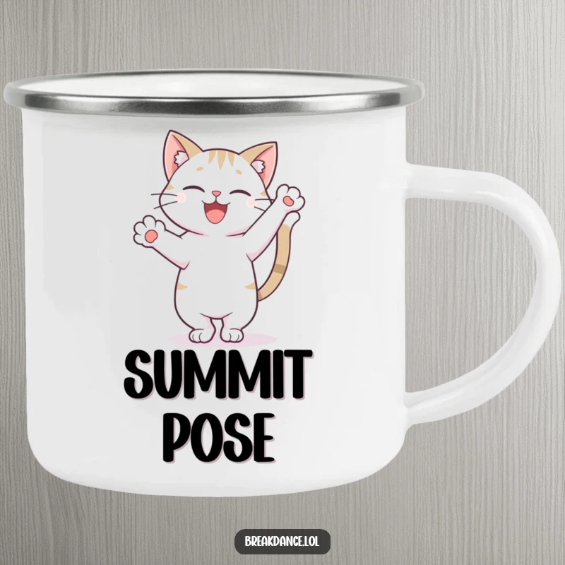 Funny, sturdy camping mug featuring a happy cat in a freeze pose on one paw with tail high, ideal for outdoor enthusiasts.