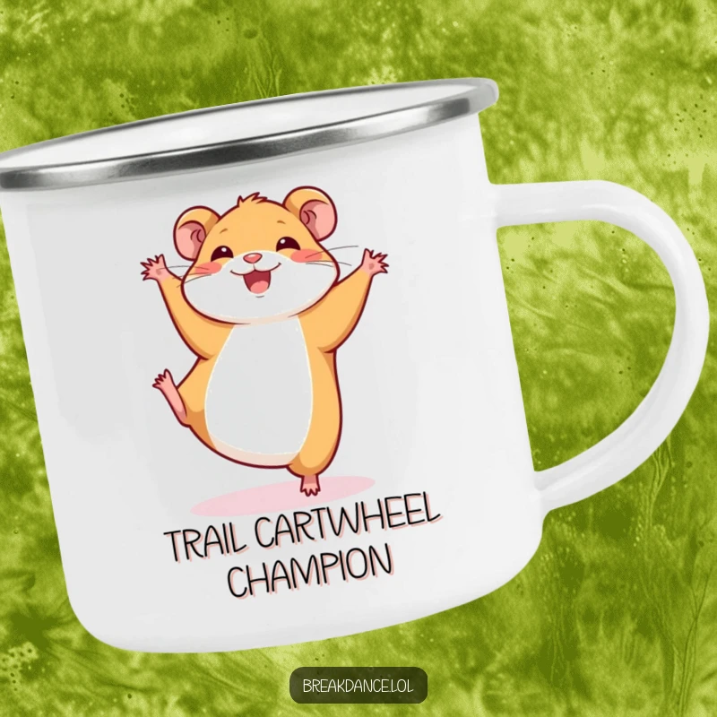 Funny camping mug featuring an energetic hamster cartwheeling under the stars. Durable and humorous, perfect for outdoor adventures.