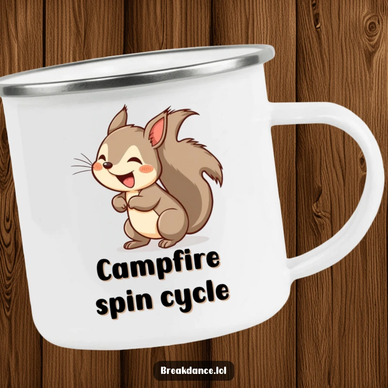 Funny squirrel headspin camping mug, a durable mug featuring a cartoon squirrel doing a headspin, tail a blur, for outdoor fun.
