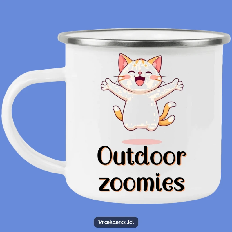 Funny Cheerful Cat Leaping Camping Mug - Adventure Fuel!