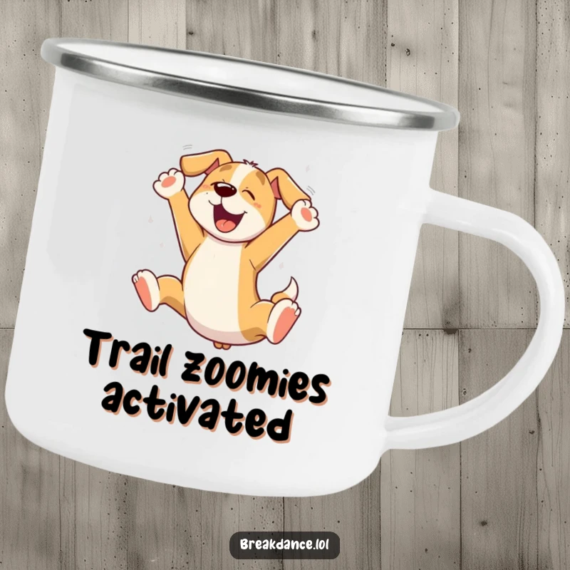 Funny dog leaping camping mug, a sturdy mug featuring a cartoon dog leaping enthusiastically, ideal for outdoor trips.