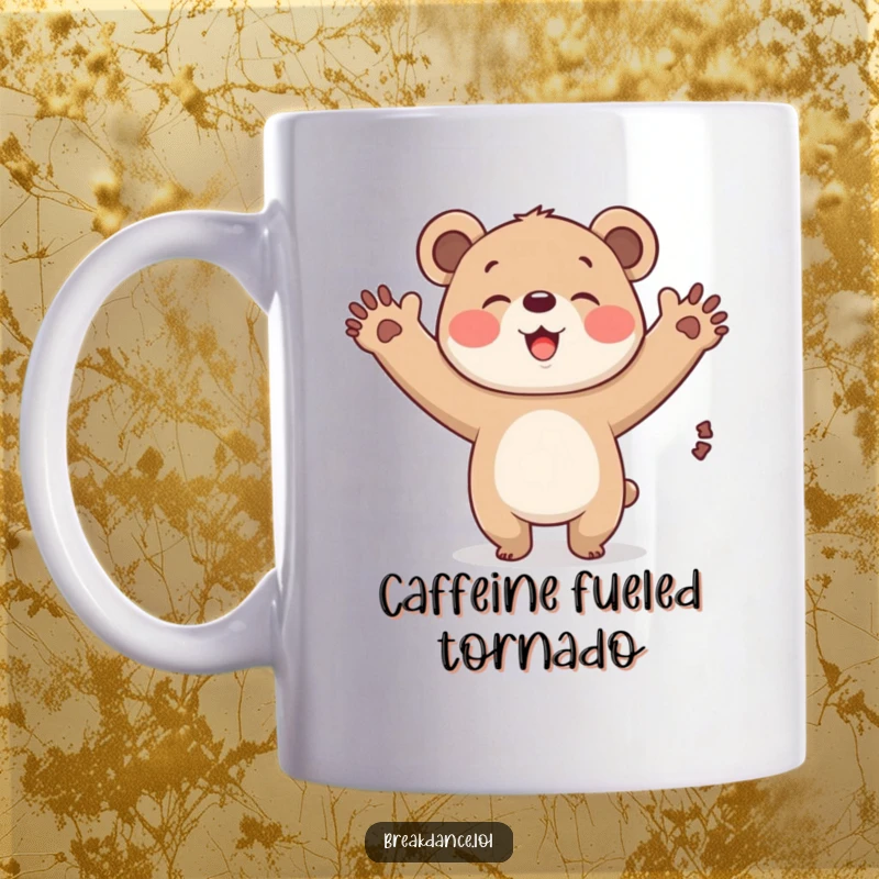 Funny giggling bear cub mug, a cartoon bear cub spinning its arms in a windmill motion, radiating happiness.