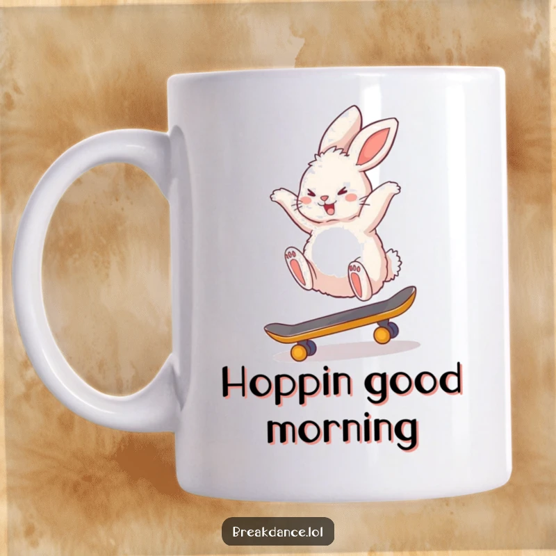 Funny mug showcasing a fluffy bunny rabbit performing an impressive backflip on a tiny skateboard with wild abandon.
