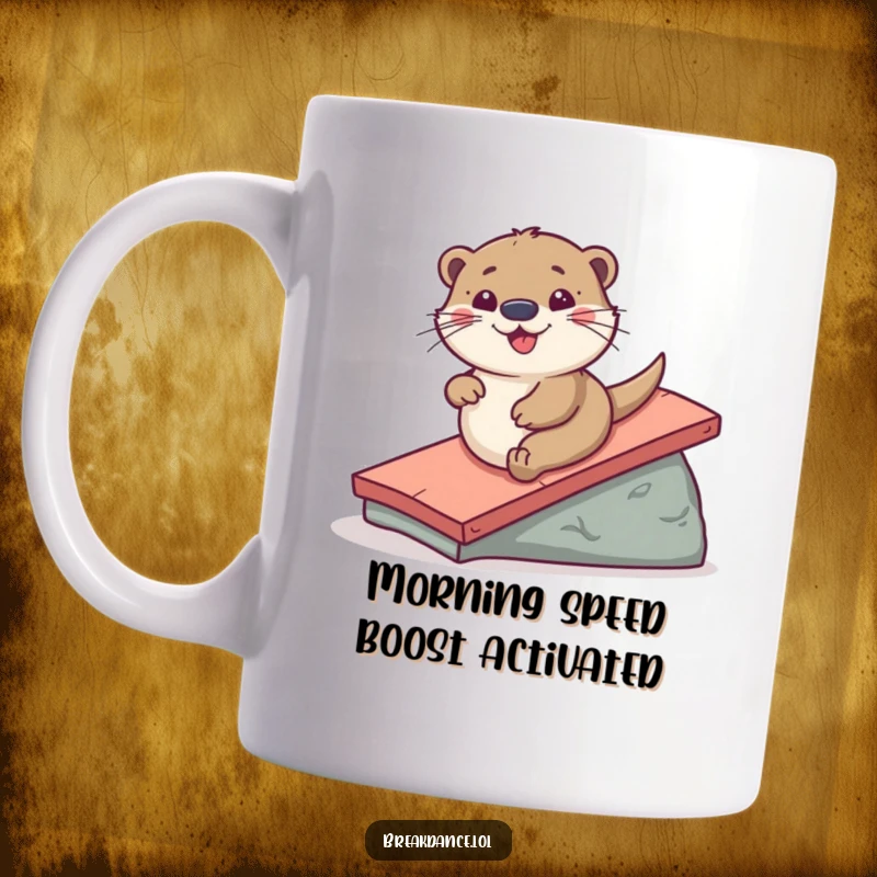 Funny mug showcasing a playful otter joyfully sliding down a ramp, radiating pure fun and lighthearted amusement.