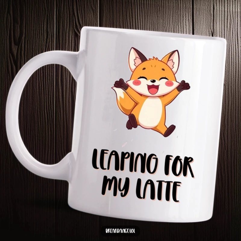 Funny mug with a joyful fox leaping energetically through the air, embodying pure happiness and hilarious, uninhibited freedom.