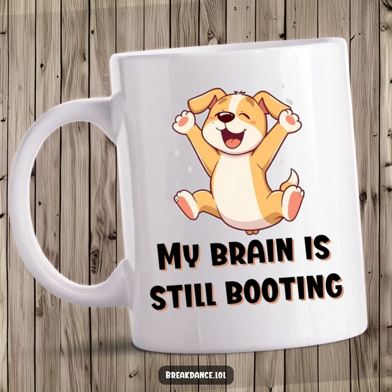 Funny dog leaping mug, a playful cartoon dog mid-air with paws spread wide, capturing pure joy and energy.