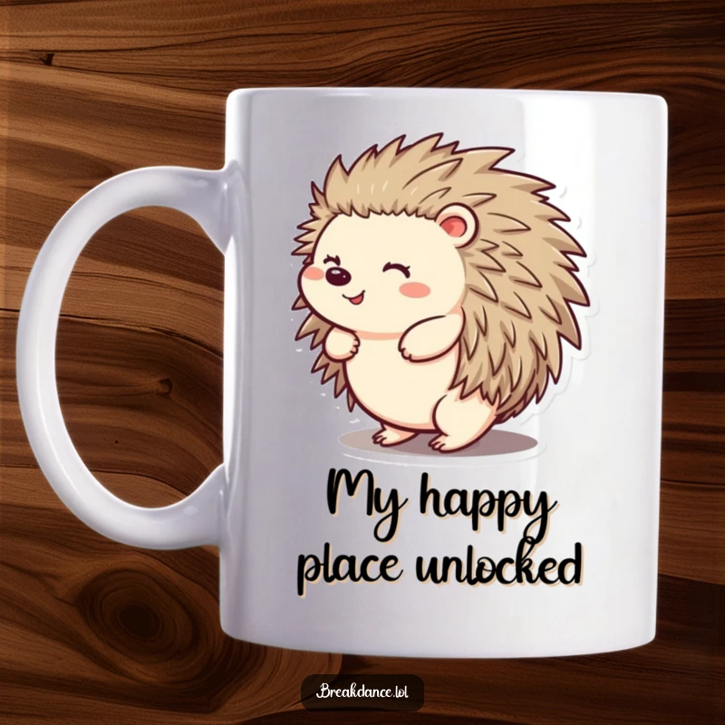 Funny mug with a cheerful hedgehog spinning joyfully on its back, embodying pure, uninhibited happiness and playfulness for a great laugh.