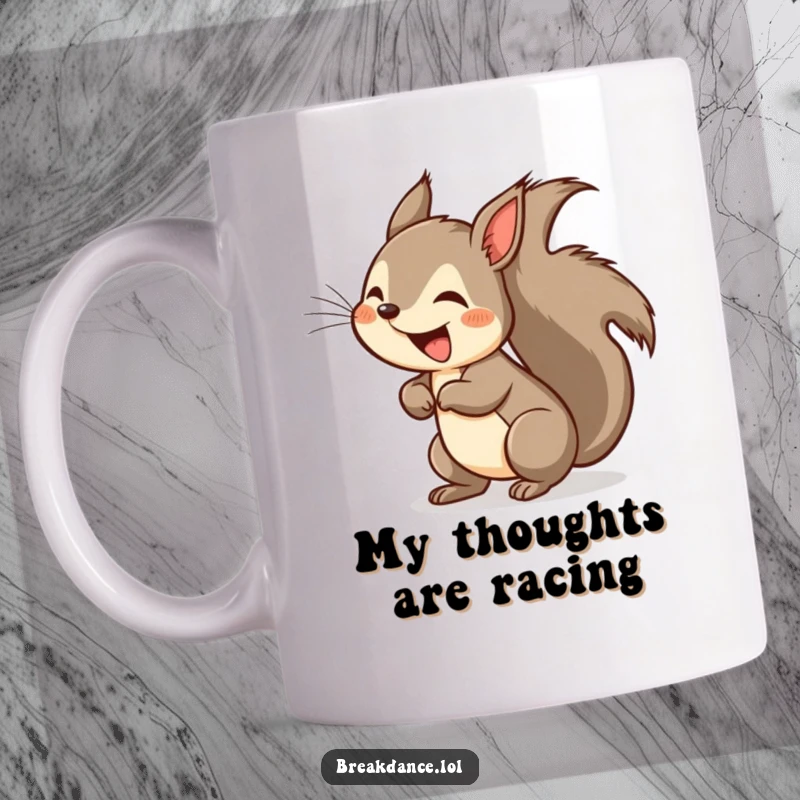Funny squirrel headspin mug, a cartoon squirrel in a dynamic headspin with its bushy tail a blur, radiating pure fun.