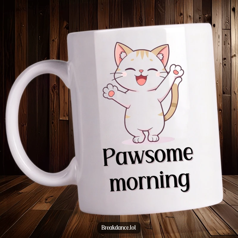 Funny mug featuring a happy cat doing a perfect freeze pose on one paw with its tail held high, showcasing balance.