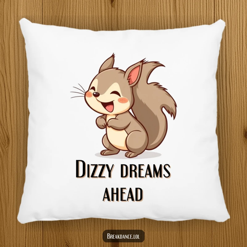 Funny squirrel headspin pillow, a soft cushion featuring a cartoon squirrel in a dizzying headspin, tail a blur.