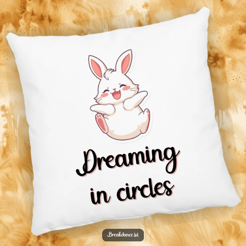 Funny decorative pillow featuring a fluffy bunny spinning on its back with legs kicking joyfully, offering comfort and adorable humor.