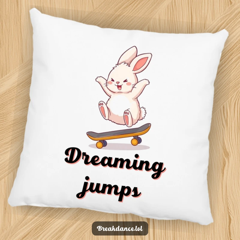 Funny pillow featuring a fluffy bunny rabbit performing a backflip on a tiny skateboard, perfect for adding humor and charm to any room.