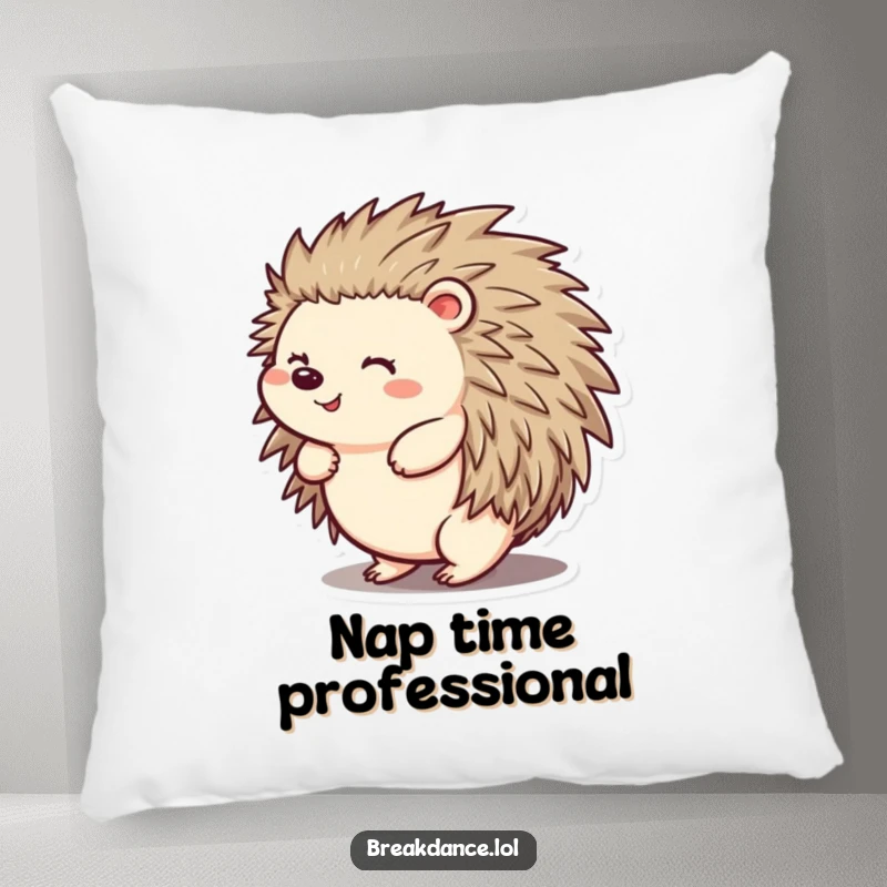 Funny pillow showcasing a cheerful hedgehog spinning happily on its back, offering hilarious comfort and a touch of playful charm.