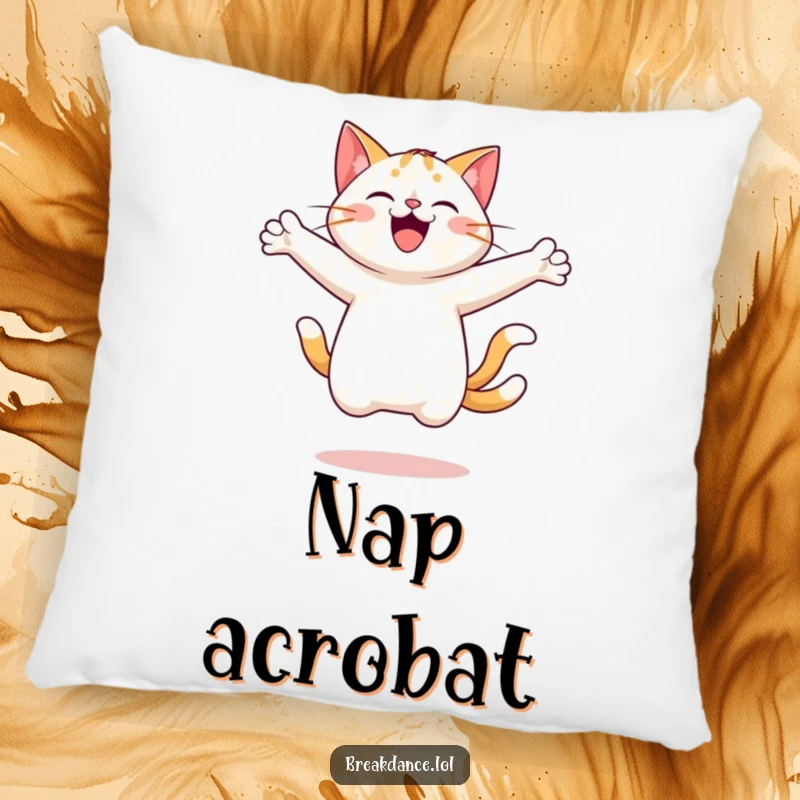 Funny pillow showcasing a cheerful cat leaping and spinning with arms outstretched, perfect for adding humor and feline flair to any room.