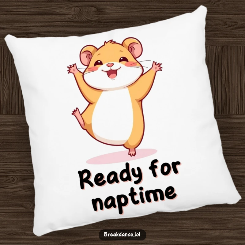 Funny pillow featuring a happy hamster doing a cartwheel. Soft, decorative, and perfect for adding a touch of humor to living spaces.