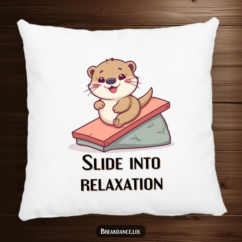 Funny pillow featuring a playful otter sliding down a ramp, offering hilarious comfort and a touch of aquatic whimsy.