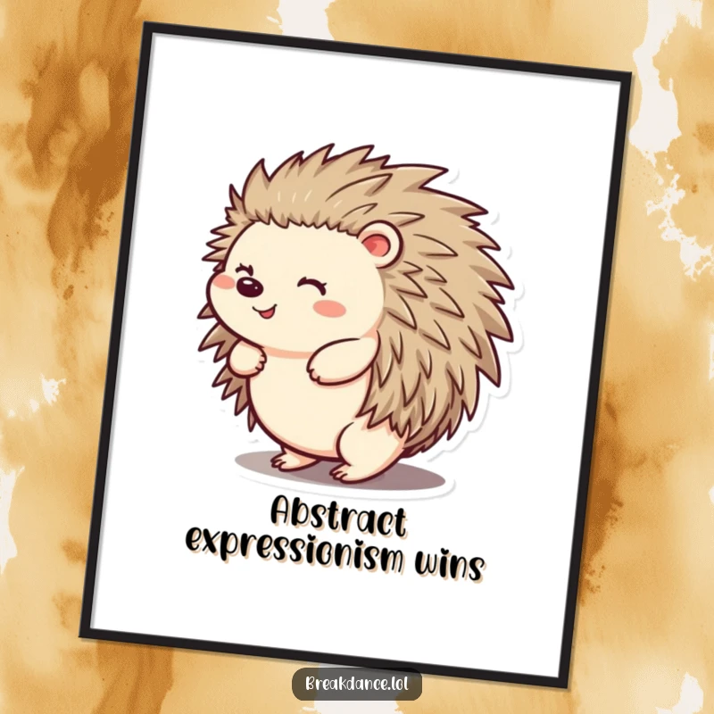 Funny digital art print of a cheerful hedgehog spinning joyfully, capturing a moment of pure, hilarious delight and playful energy for wall decor.