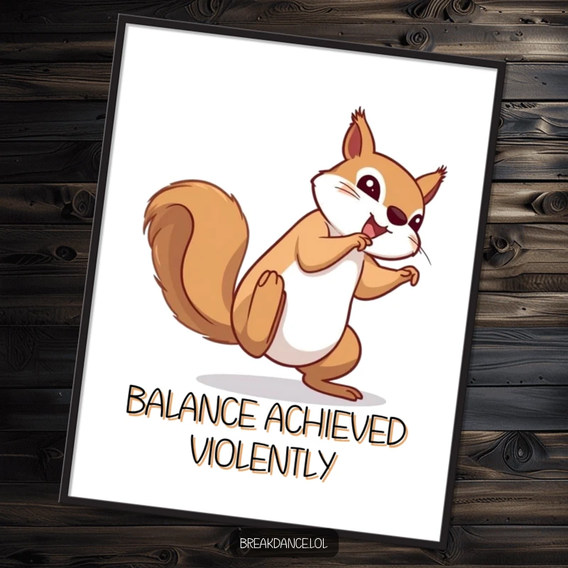 Funny digital art print of a determined squirrel performing a dynamic cartwheel, capturing hilarious ambition and energetic acrobatics for wall decor.