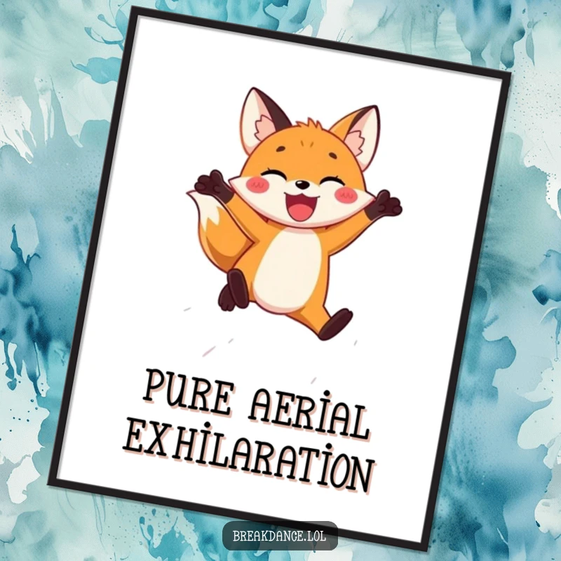 Funny digital art print of a joyful fox leaping through the air, capturing hilarious exuberance and uninhibited freedom for wall decor.