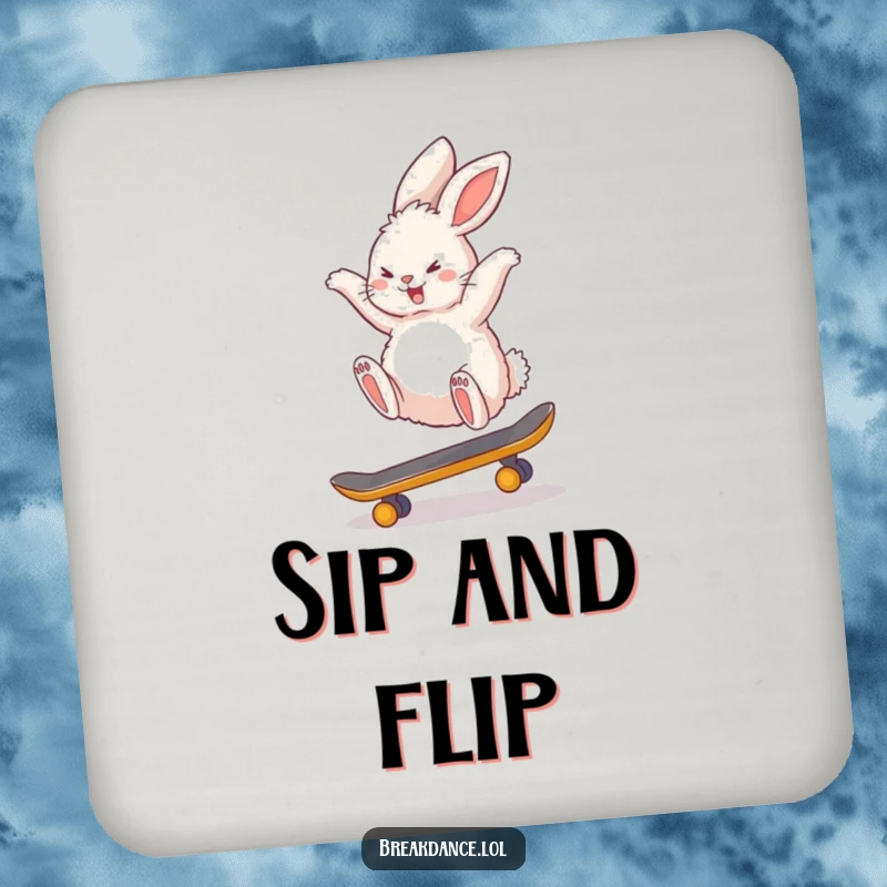 Funny drink coaster featuring a fluffy bunny rabbit doing a backflip on a tiny skateboard, designed to protect surfaces with a comical touch.