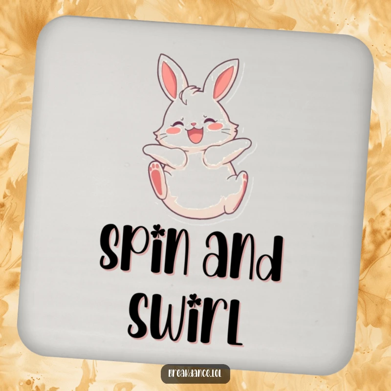 Funny drink coasters showing a fluffy bunny spinning on its back with legs kicking joyfully, protecting tables with charm and humor.