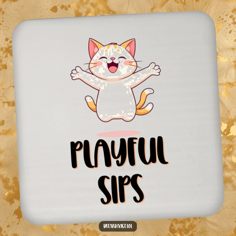 Funny drink coaster displaying a cheerful cat leaping and spinning with arms outstretched, designed to protect surfaces with a comical feline touch.