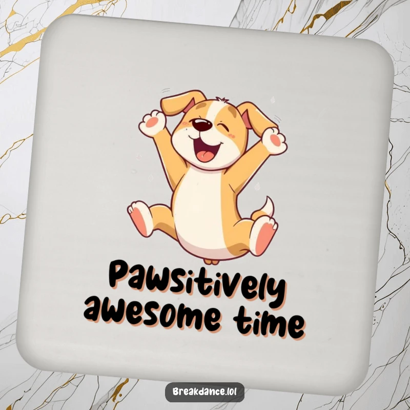 Funny dog leaping drink coaster, a cartoon dog shown in a joyous leap, protecting surfaces with flair.