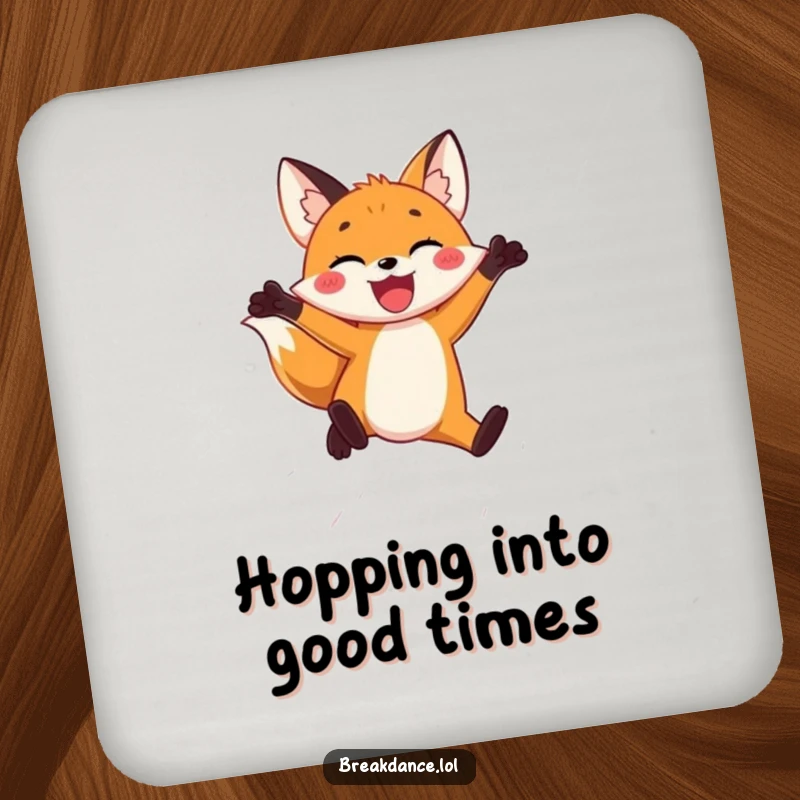 Funny coasters featuring a joyful fox leaping through the air, protecting surfaces with hilarious energy and playful flair.