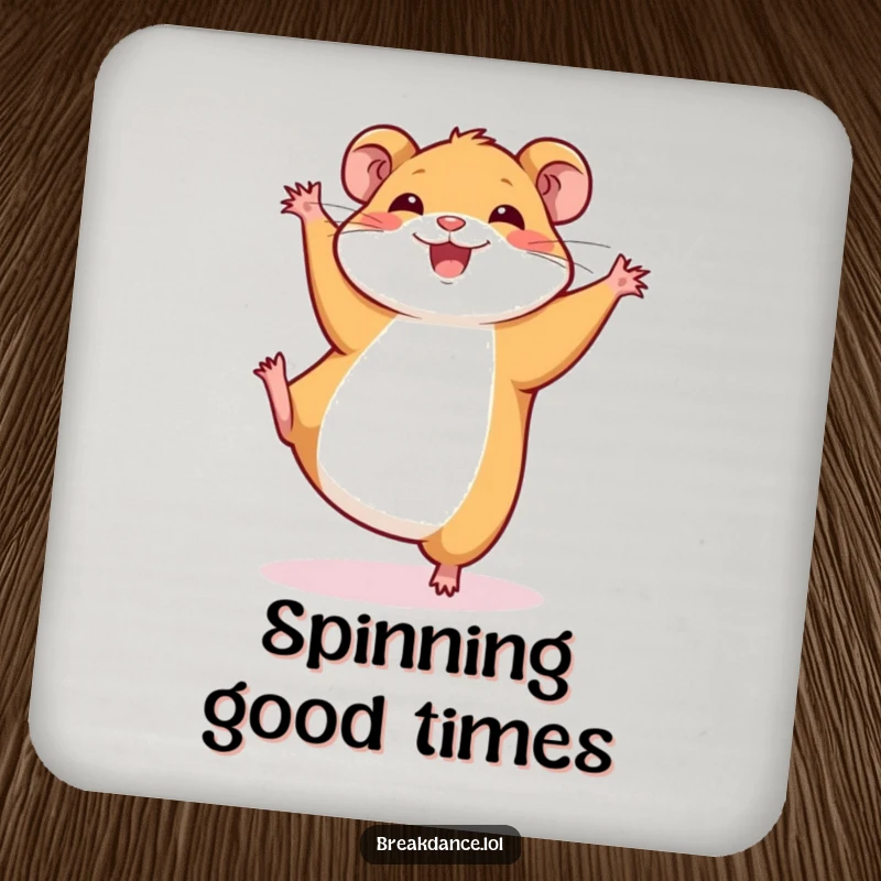Funny drink coaster with a smiling hamster doing a cartwheel. Protects surfaces while adding a humorous accent to any table.