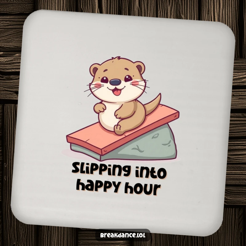Funny coasters featuring a playful otter sliding down a ramp, protecting surfaces with a splash of hilarious aquatic fun.