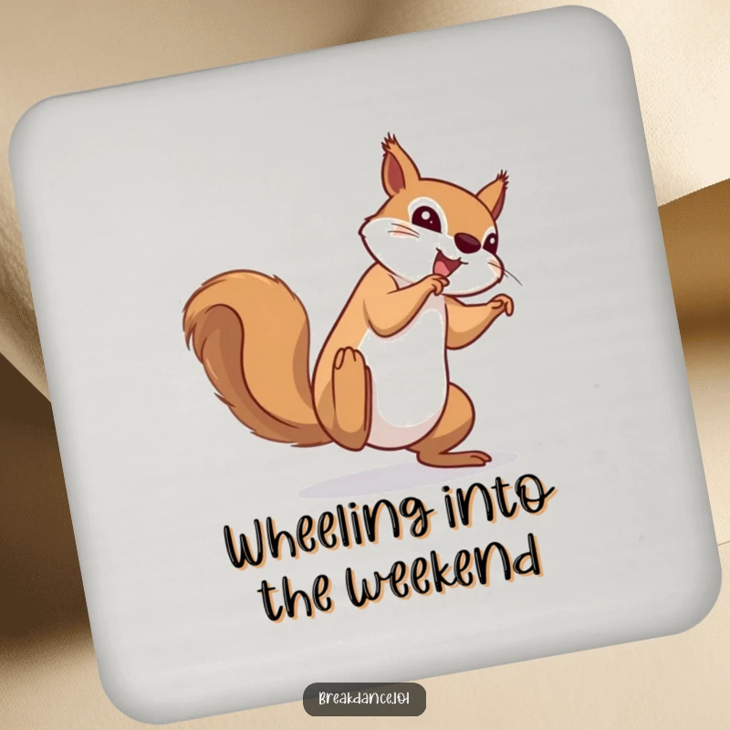 Funny coasters featuring a determined squirrel performing a cartwheel, protecting surfaces with hilarious action and energetic flair.