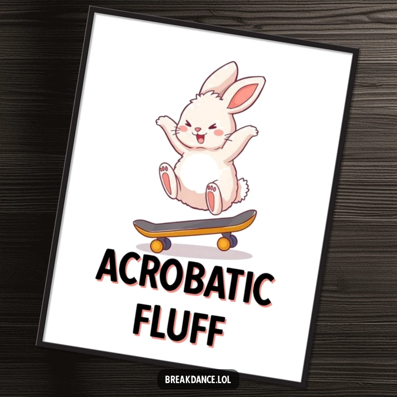 Funny poster showcasing a fluffy bunny rabbit mid-backflip on a tiny skateboard, capturing a moment of extreme athletic prowess.