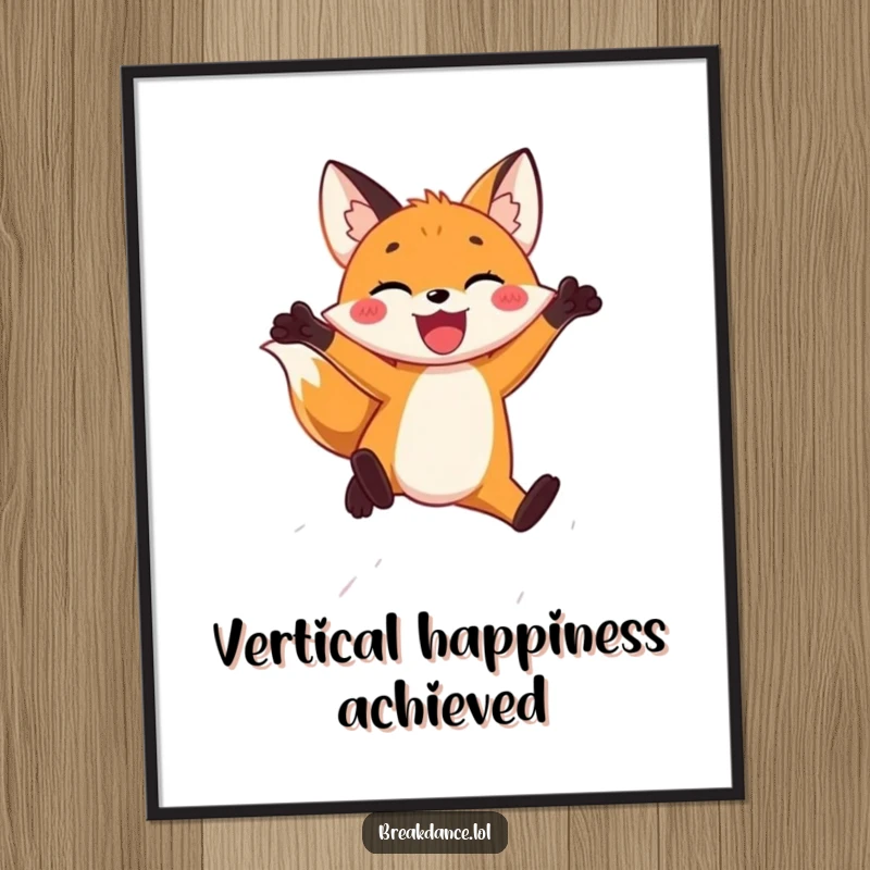 Funny poster featuring a joyful fox captured mid-leap through the air, radiating hilarious exuberance and uninhibited freedom.