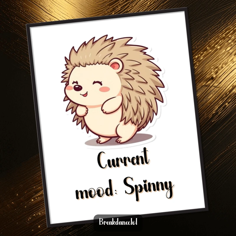 Funny poster featuring a cheerful hedgehog spinning energetically on its back, capturing a moment of pure, hilarious delight and playful abandon.