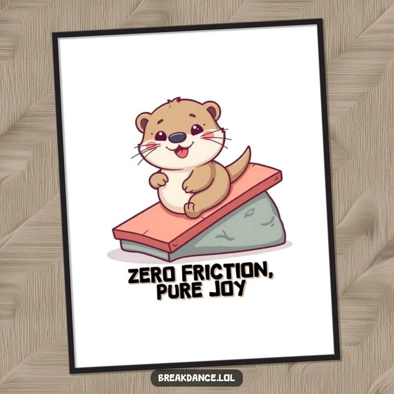 Funny poster of a playful otter joyfully sliding down a ramp, capturing the exhilarating and hilarious essence of aquatic adventure.