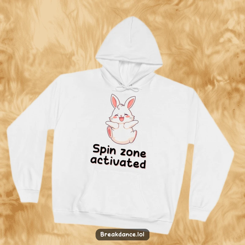 Funny, warm hoodie depicting a fluffy bunny spinning on its back with legs kicking joyfully, perfect for cozy amusement.