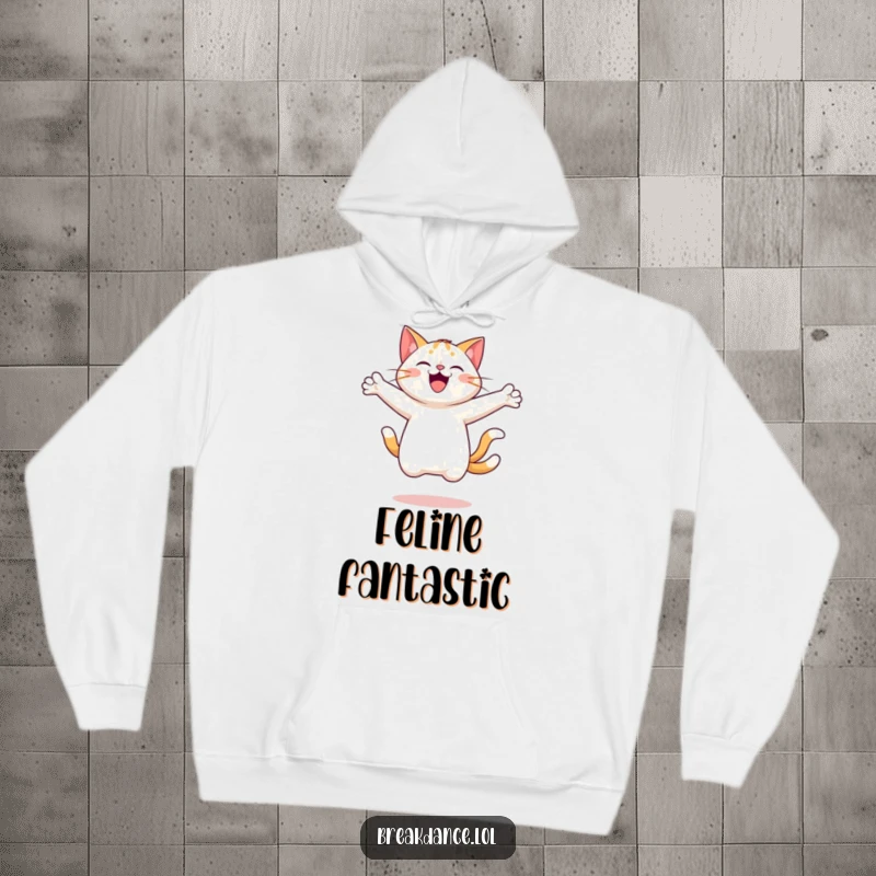 Funny hoodie showcasing a cheerful cat artistically leaping and spinning with arms outstretched, embodying ultimate freedom and joy.
