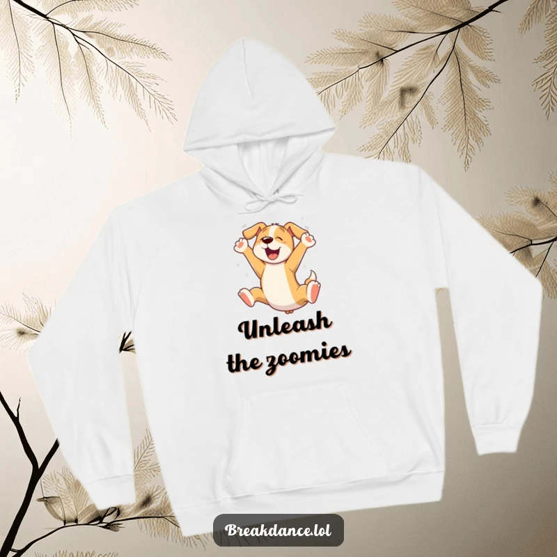 Funny dog leaping hoodie, a cheerful cartoon dog captured mid-leap with arms wide open, radiating pure delight.