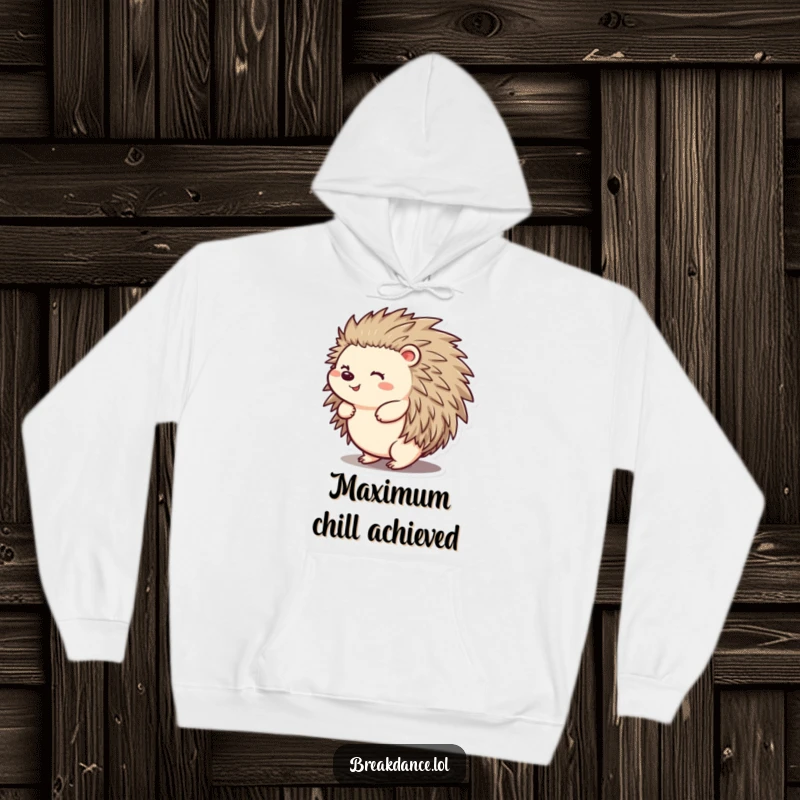 Funny hoodie displaying a happy hedgehog performing a delightful spin on its back, showcasing its hilarious and joyful personality in cozy comfort.