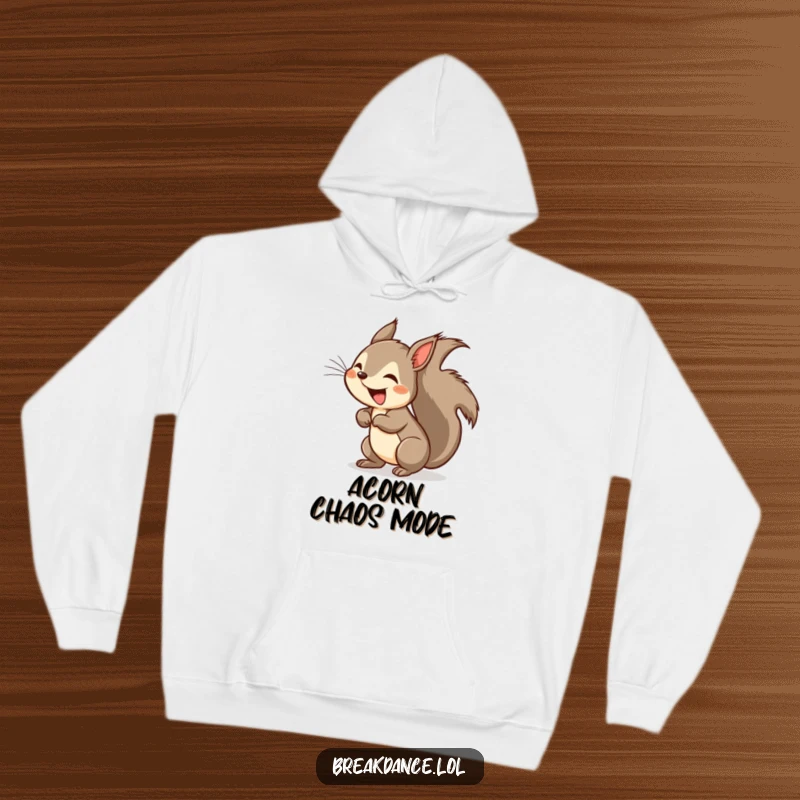 Funny squirrel headspin hoodie, a cheerful cartoon squirrel captured mid-headspin, tail a blur of motion.