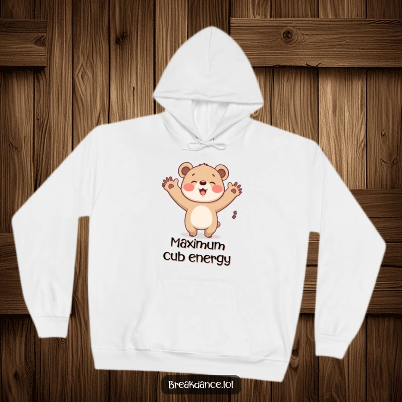 Funny bear cub windmill hoodie, a cute cartoon bear cub doing a windmill, radiating pure, infectious fun.