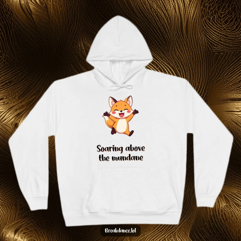 Funny hoodie featuring a joyful fox leaping through the air, offering warmth and a dose of hilarious, energetic fun.