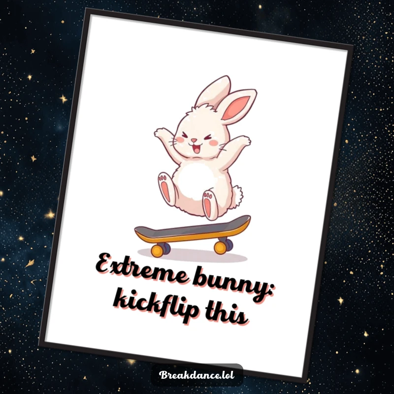 Funny Free Printable Wall Art of a cute, fluffy bunny performing a spectacular backflip while riding a tiny skateboard, full of motion.