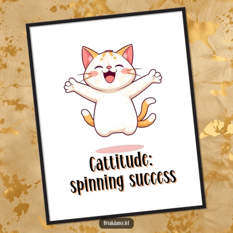 Funny Free Printable Wall Art of a happy cat leaping and spinning gracefully with arms outstretched, radiating pure joy.