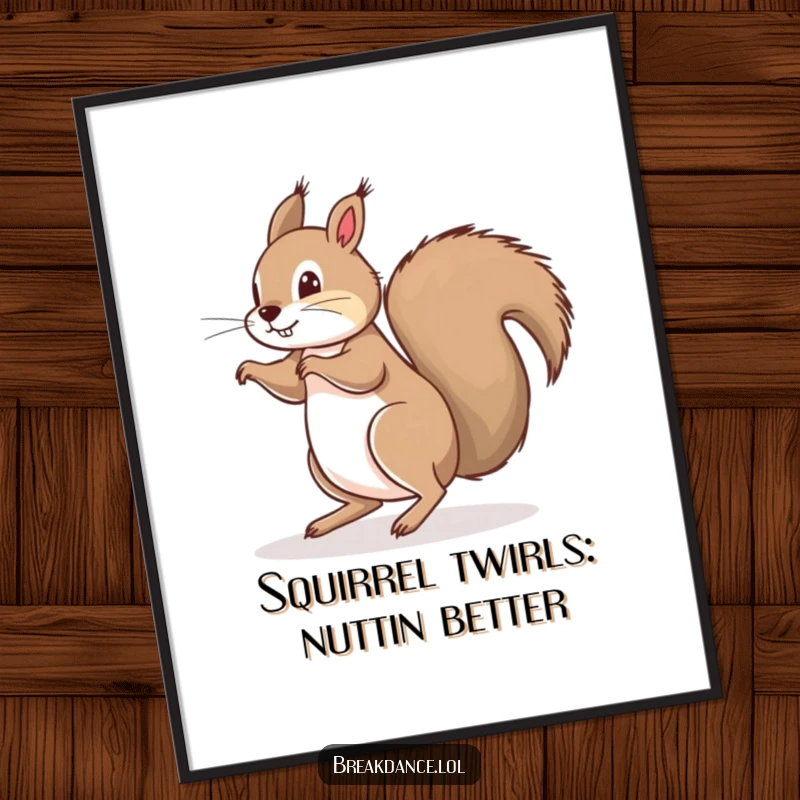 Funny Free Printable Wall Art of a playful squirrel caught in a delightful floor spin, its bushy tail creating a blur of motion.